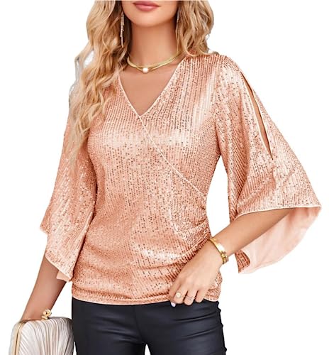 Damen 3/4 Ärmel Pailletten Top Funkelnde V-Ausschnitt Tunika Eleganz Shirt Party Cocktail Rosegold Pailletten M von GRACE KARIN