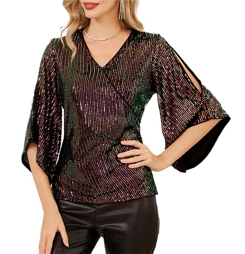 Damen 3/4 Ärmel Pailletten Top Funkelnde V-Ausschnitt Tunika Eleganz Shirt Party Cocktail Schwarz Pailletten Gold S von GRACE KARIN