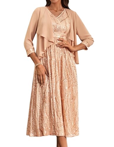 Damen A-Line Maxi Hochzeitkleid V-Ausschnitt Rüschensaum Cocktailkleid Elegant Vintage Pailletten Partykleid mit Leicht Chiffon Strickjacke Champagner Gold 46 von GRACE KARIN