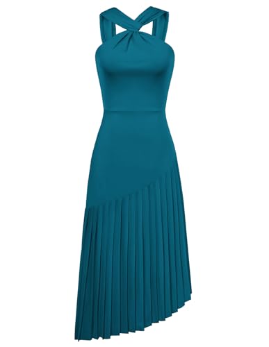 Damen A-Linie Ärmellos Freizeitkleid Elegant Einfarbig Maxi Freizietkleid Casual Sommerkleid mit Faltenrock Blau Grün 44 von GRACE KARIN