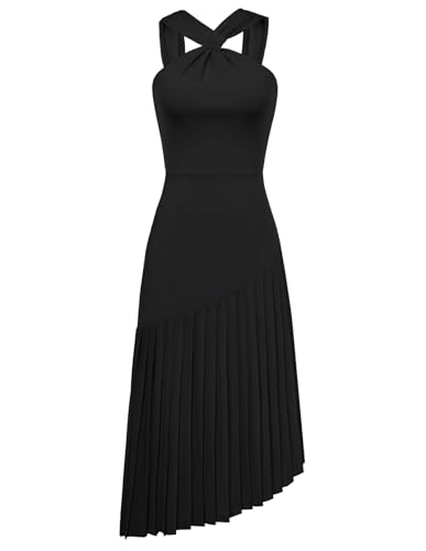 Damen A-Linie Ärmellos Freizeitkleid Elegant Einfarbig Maxi Freizietkleid Casual Sommerkleid mit Faltenrock Schwarz 44 von GRACE KARIN