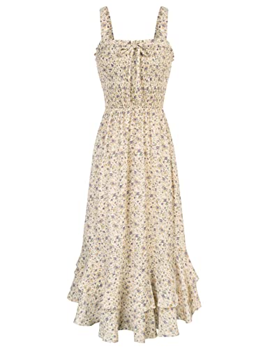 Sommerkleid Damen A-Linie Blumen Kleid Ärmellos Maxikleid Spaghettiträger Kleid Strandwear Holidy Kleid L Beige-Lila Blume CL1947S23-03 von GRACE KARIN