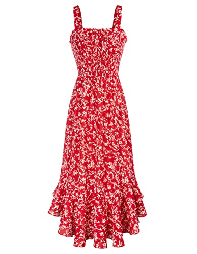 GRACE KARIN Damen Elegant A-Linie Blumenkleid Rot-Weiße Blume Ärmellos Maxikleid Spaghettiträger Strandwear Holidy Kleid L von GRACE KARIN