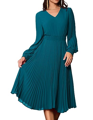 Damen A-Linie Faltenrock Elegant Kleid Langarm V-Ausschnitt Swing Cocktailkleid Casual Freizeitkleid S Blau Grün CLK022A23-04 von GRACE KARIN