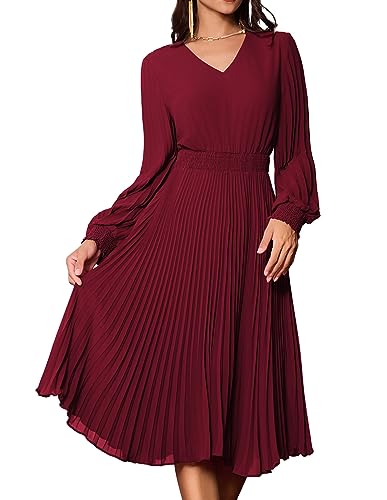 Damen A-Linie Faltenrock Elegant Kleid Langarm V-Ausschnitt Swing Cocktailkleid Casual Freizeitkleid S Weinrot CLK022A23-03 von GRACE KARIN