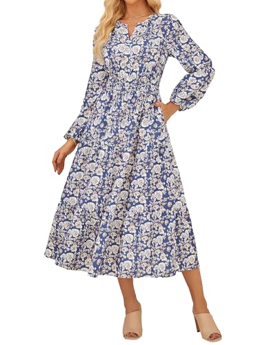 Damen A-Linie Maxikleid Langarm Henley Ausschnitt Elastische Taille Herbst Boho Kleid CL37-05/Blau mit weißer Blume M von GRACE KARIN