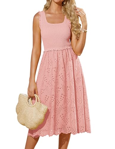 Damen A-Linie Midikleid Ärmellos U-Ausschnitt Freizeitkleid Elegantes Gerafftes Oberteil Slim Fit Sommerkleider mit Taschen Rosa L von GRACE KARIN