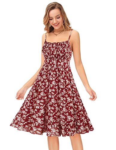 Damen Kleid A-Linie ärmellos rückenfrei Freizeitkleid Sexy slinge CocktailKleid Blumenmuster S Weinrot-Weiß Blume CL1582S22-02 von GRACE KARIN