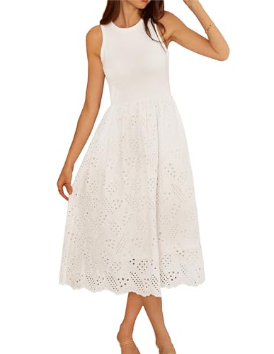GRACE KARIN Damen Freizeitkleider Ärmelloses Tankkleid Sonnenkleid mit Taschen Rundhalsausschnitt A Line Midi Kleid Strandkleid Weiß L von GRACE KARIN