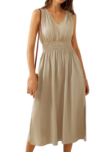 Damen A Linien Freizeitkleid mit Taschen Elastischer Taille Seitenschlitz Ärmelloses V-Ausschnitt Kleid Khaki M von GRACE KARIN