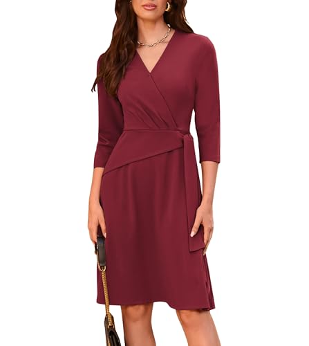 Damen A-Linien-Kleid V-Ausschnitt 3/4-Ärmel Reißverschluss Hinten Bindegürtel in Der Taille Weinrot M von GRACE KARIN