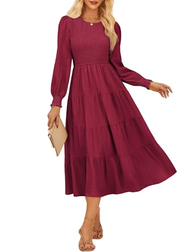 Damen A-Linien Midikleid Elastischer Taille Langarm Rundhals Rockabilly Festliche Herbst Kleider CL145-03/Rotwein XXL von GRACE KARIN