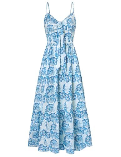 Damen Ärmellos Spaghettiträger Maxi Kleid Elegant Casual Langes Swing Blumenkleid A-Linie Garten Urlaubskleid am Meer Blau Blume-Weiß M von GRACE KARIN