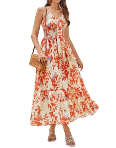 Damen Ärmellos Spaghettiträger Maxi Kleid Elegant Casual Langes Swing Blumenkleid A-Linie Garten Urlaubskleid am Meer M Orange Blume von GRACE KARIN