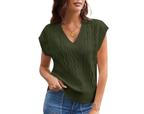 Damen Ärmellos V-Ausschnitt Strickweste Pullover Elegant Strickpullover Strickpulli Casual Damen Herbst Winterpullover Sweater Vest Armeegrün 2XL von GRACE KARIN