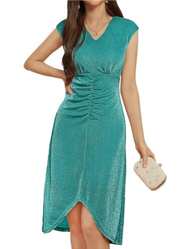 Damen Ärmelloses A Linien Kleid Elegantes Unregelmäßigem Saum V Ausschnitt Partykleid Blau Grün 48 von GRACE KARIN