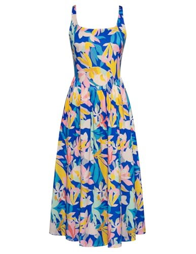 Damen Ärmelloses Freizeitkleid Blumen Bedrucktes Bohokleid Fließendes Swing Midikleid Sommer Strandmode Blau-Gelbe Blätter XL von GRACE KARIN