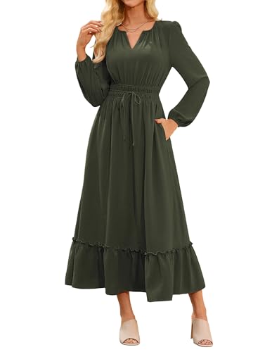 Damen Abendkleider Retro Langarm A-Linie Kleid Elegant Rundhals Solid Farbe High Waist Wickelkleid Dunkelgrün XXL von GRACE KARIN