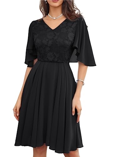 Damen Ballkleider A-Linien-Silhouette Kurzarm mit Fledermaus Abendkleid Chiffon Knielang mit Faltensaum Elegant Leicht für Hochzeit Schwarz 46 von GRACE KARIN