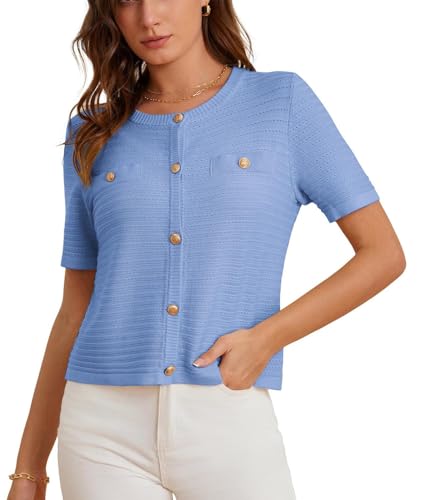 Damen Basic Kurzarm Strickjacke Klassische Goldene Knopf Jacke Vintage Rundhals Cardigan Lockere Frühling Sommer Outerwear Hellblau S von GRACE KARIN