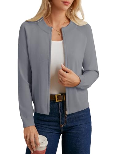Damen Basic Sport-Cardigan Einfarbige Retro Reißverschluss Strickjacke Bequeme Gestrickte Jacke Herbst Winter Oberbekleidung Grau XXL von GRACE KARIN