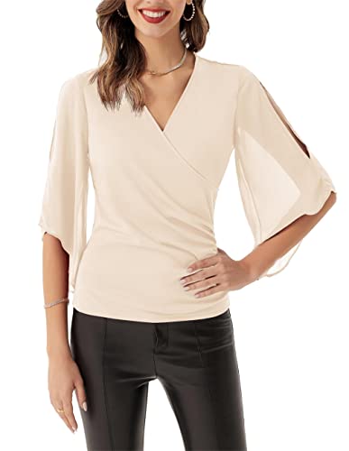 Damen Batwing 3/4 Ärmel Chiffon Tops V-Ausschnitt Lange Ärmel Loose Fit Casual Tshirt CL1418A22-5_L von GRACE KARIN