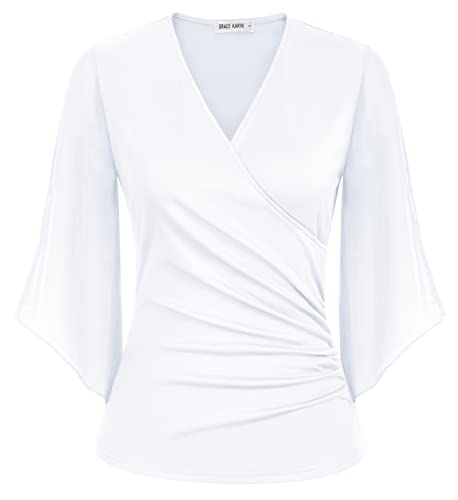 Damen Batwing 3/4 Ärmel Chiffon Tops V-Ausschnitt Lange Ärmel Loose Fit Casual Tshirt CL1418A22-6_L von GRACE KARIN