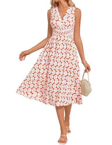 Damen Blumenkleid Ärmellos V-Ausschnitt A-Linien Kleid Taillenfalten Strandmode Urlaubskleid Mit Taschen Orangeroter geschwungener Kreis M von GRACE KARIN