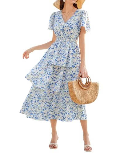 Damen Blumenmuster Freizeitkleider V Ausschnitt Maxi Kleid Boho Strandkleider Smocked Cocktailkleid XXL Blaue Blume von GRACE KARIN