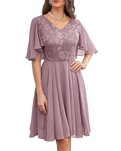 Damen Blumenspitzen Hochzeitkleid V-Ausschnitt Elegant Ballkleider Chiffon A-Line mit Faltensaum Cocktailkleid Kurzarm Rosa 38 von GRACE KARIN