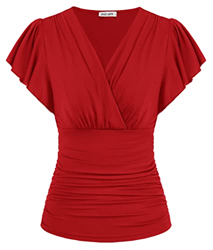 Damen Blusen Oberteile Sexy Damenoberteile Modern Elegant Sexy Shirt Bluse Groß Rot-kurz L von GRACE KARIN