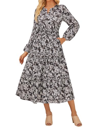 Damen Boho Langarm Kleid A-Linie Elastischer Taille V-Ausschnitt Blumen Sommer Herbst Kleid CL37-06/Braun mit weißer Blume XXL Damen Boho Langarm Kleid A-Linie Elastischer Taille V-Ausschnitt Blumen Sommer Herbst Kleid CL37-06/Braun mit weißer Blume XXL von GRACE KARIN