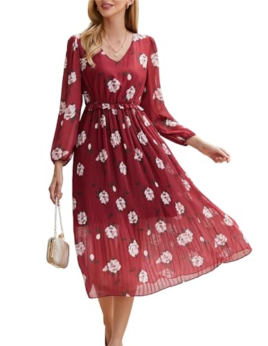 Damen Boho Lange Kleid Elegant Cocktailkleid V-Ausschnitt Maxikleid Langarm Blumenkleid mit Faltenrock A-Linie Romatik Strandkleid Vintage Weinrot mit weißer Blumen XXL von GRACE KARIN