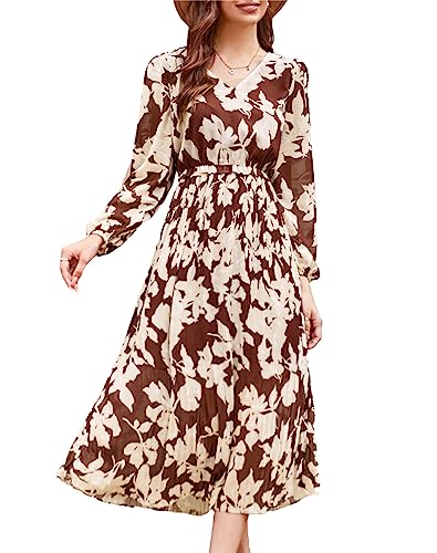 Damen Boho Lange Kleid Elegant V-Ausschnitt Maxikleid Langarm Blumenkleid mit Faltenrock A-Linie Romatik Strandkleid Vintage Weinrot mit Gelbe Blumen XXL von GRACE KARIN