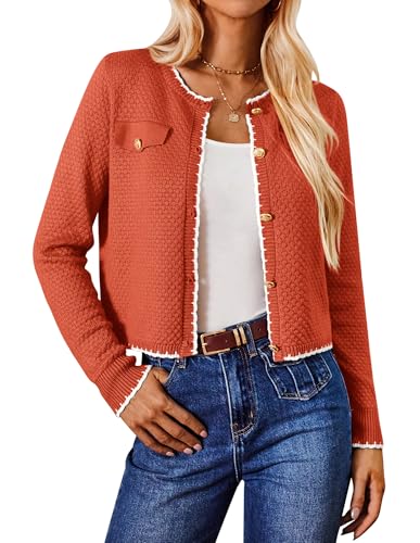 Damen Business Büro Jacke Weiche Gestrickt Cardigan Runhals Vintage Schulterjacke mit Knöpfen Orange XL von GRACE KARIN