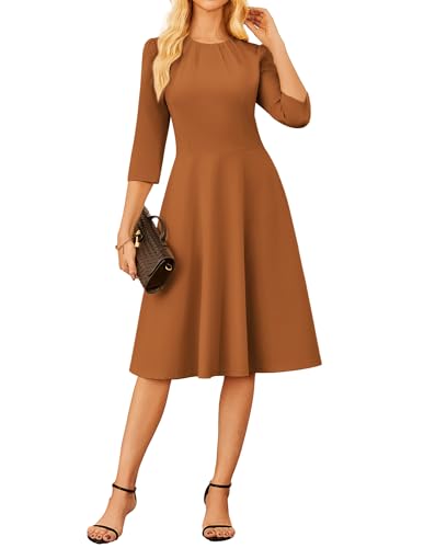 Damen Business Kleid Sommer Elegant Einfarbiges Mit Tasche A-Linie Lang Kleid XL Braun von GRACE KARIN