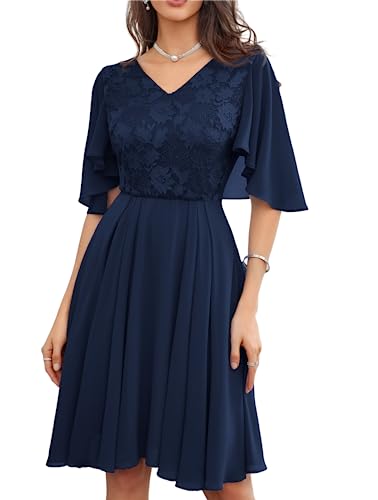 Damen Cape-Ärmel Chiffon Abendkleid Elegant Leicht Hochzeitkleid Festlich Knielang A-Line Design Spitzenkleid Klassisch Marineblau 48 von GRACE KARIN