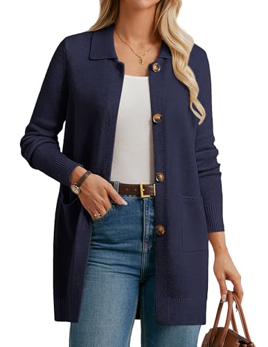 Damen Cardigan Lang Langarm Grobstrick Weiche Cardigan Elegante Büro Sweater Pullover CL172-06/Marineblau XL von GRACE KARIN