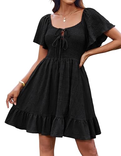 Damen Casual A-Linie Cape Ärmel Mini Wickelkleid Vintage Solid Farbe Freizeitkleid Urlaub Strand Hawaii Kleid Schwarz M von GRACE KARIN