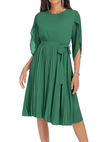 Damen Casual A-Linien Kleid Elegant Cocktailkleid Plissee Midikleid Faltenrock mit Gürtel S Grün CLK034A23-03 von GRACE KARIN