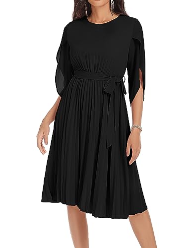 Damen Casual A-Linien Kleid Elegant Cocktailkleid Plissee Midikleid Faltenrock mit Gürtel S Schwarz CLK034A23-01 von GRACE KARIN