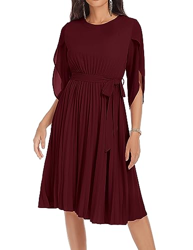 Damen Casual A-Linien Kleid Elegant Cocktailkleid Plissee Midikleid Faltenrock mit Gürtel S Weinrot CLK034A23-02 von GRACE KARIN