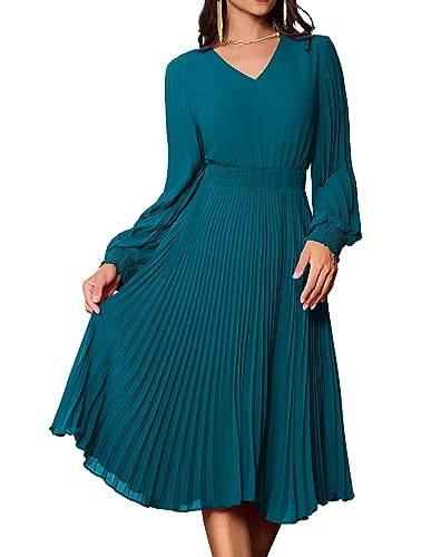 Damen Casual Freizeitkleid Elegant Kleid Langarm V-Ausschnitt Swing Cocktailkleid A-Linie Faltenrock XL Blau Grün CLK022A23-04 von GRACE KARIN