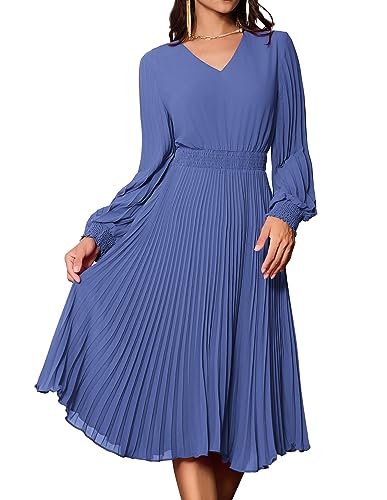 Damen Casual Freizeitkleid Elegant Kleid Langarm V-Ausschnitt Swing Cocktailkleid A-Linie Faltenrock XL Grau Blau CLK022A23-02 von GRACE KARIN