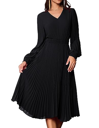 Damen Casual Freizeitkleid Elegant Kleid Langarm V-Ausschnitt Swing Cocktailkleid A-Linie Faltenrock XL Schwarz CLK022A23-01 von GRACE KARIN