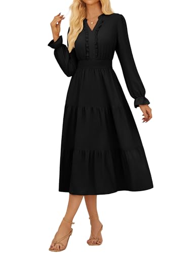 Damen Casual Kleid Sommer Boho Swing Leicht Tunika Langarm A Linie Rüschenkleid L Schwarz von GRACE KARIN