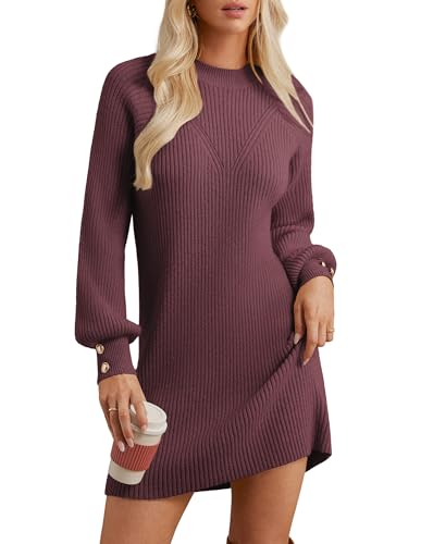 Damen Casual Minikleid Geripptes Strickkleid mit Laternärmeln Pulloverkleid Herbst Winter Weinrot M von GRACE KARIN