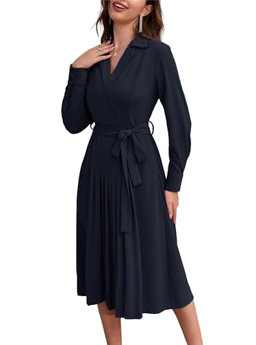 Damen Casual Wickel-Arbeitskleider Langarm Business Kleid Elegant umgeschlagenen Kragen A-Linie Kleid Cocktailkleid Faltenrock Dunkelblau S von GRACE KARIN