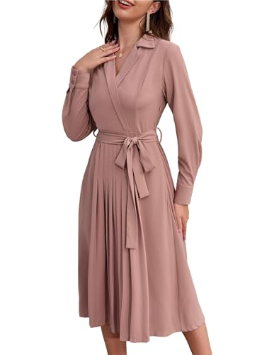 Damen Casual Wickel-Arbeitskleider Langarm Business Kleid Elegant umgeschlagenen Kragen A-Linie Kleid Cocktailkleid Faltenrock Dunkelpink S von GRACE KARIN