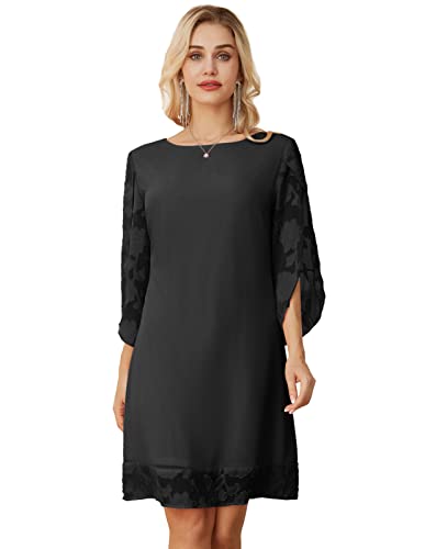 Damen Chiffon 3/4 Ärmel Blumenmuster Loose Fit Casual Midi Cocktailkleid Kleid M Schwarz-Blume CL1994S23-02 von GRACE KARIN